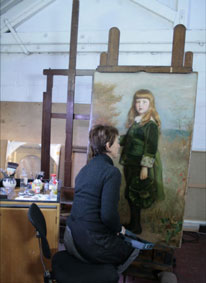 Painting Conservation Studio, detail of restoration of oil painting